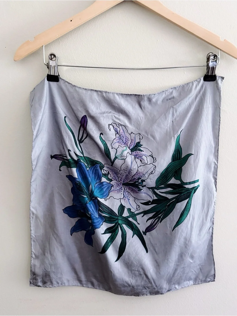 Vintage Silk Silvery Blue Gray Floral Square Scarf